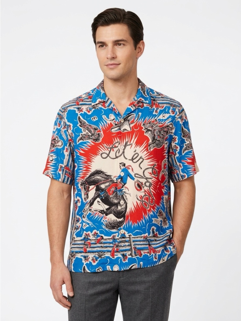 Paul Smith Button Down Western Cowboy Viscose Print Blue Large